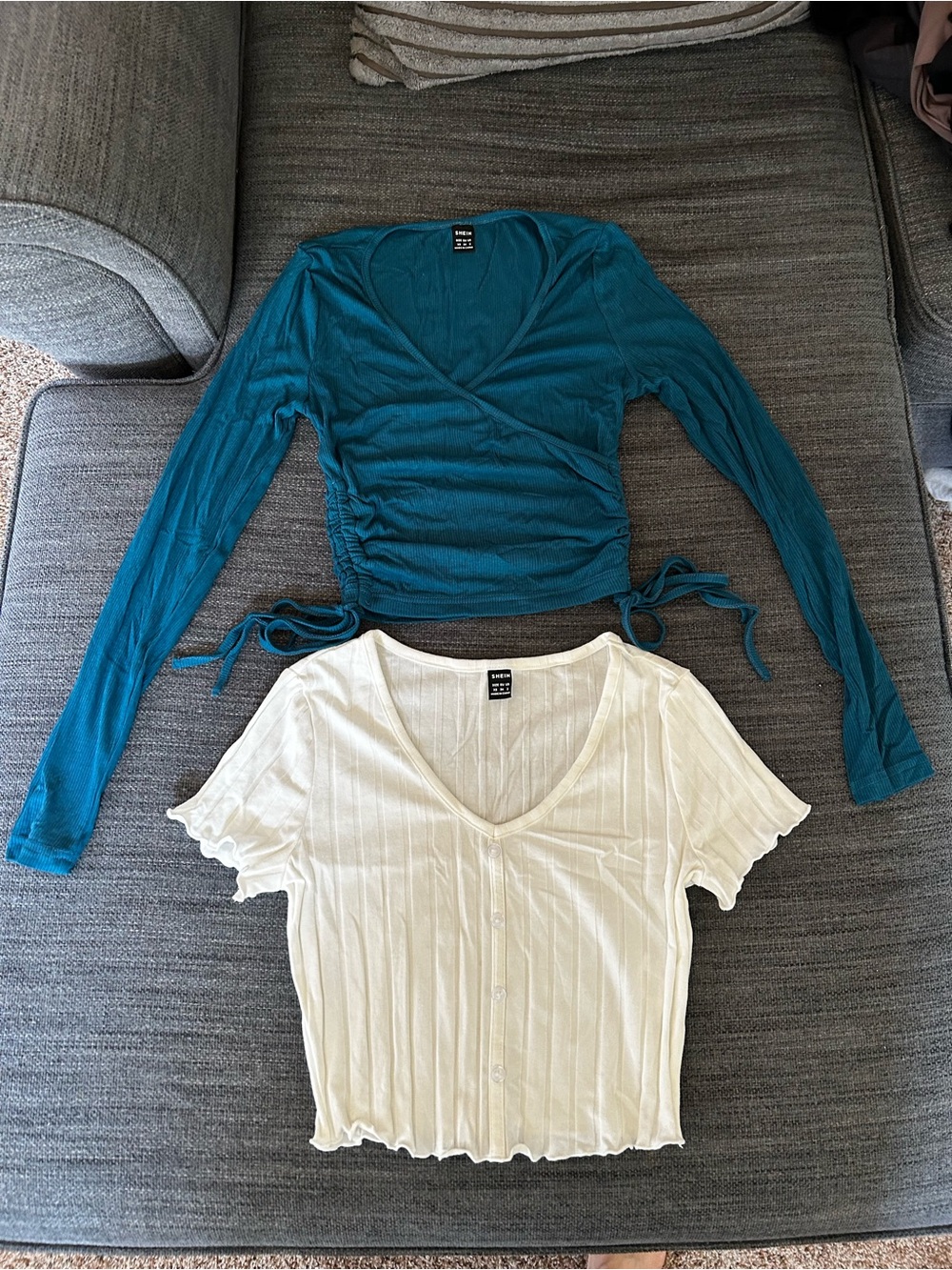 SHEIN Teal Wrap Ribbed Long-Sleeve Top and White V-Neck Crop top, XS